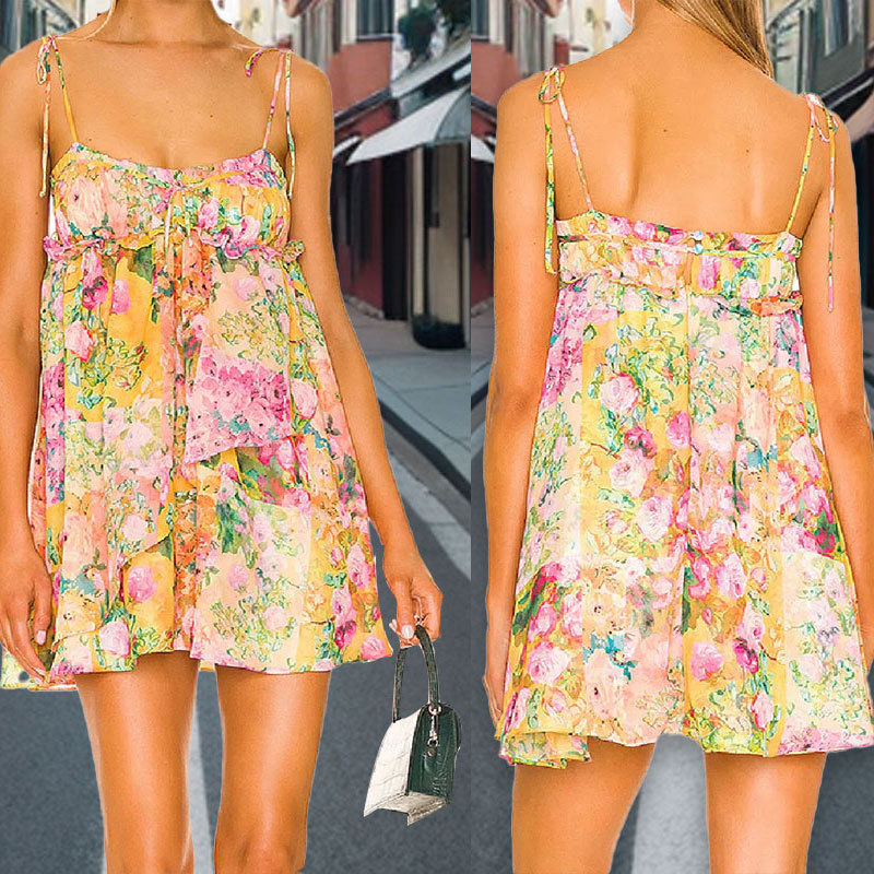 Floral Print Tie-Strap Open-Back Loose Short Dress