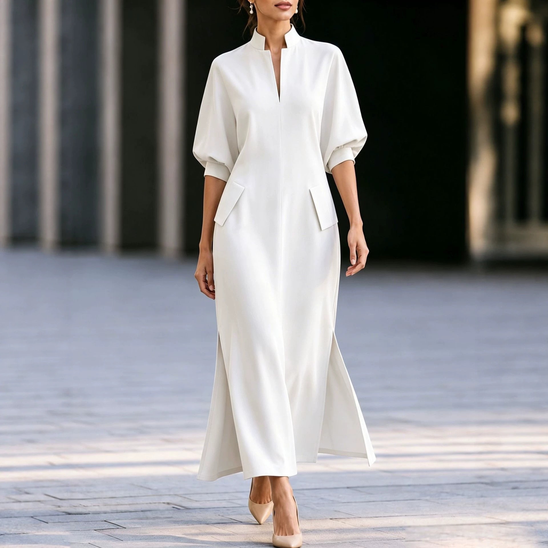 Elegant Stand Collar Lantern Sleeve Slit Midi Dress