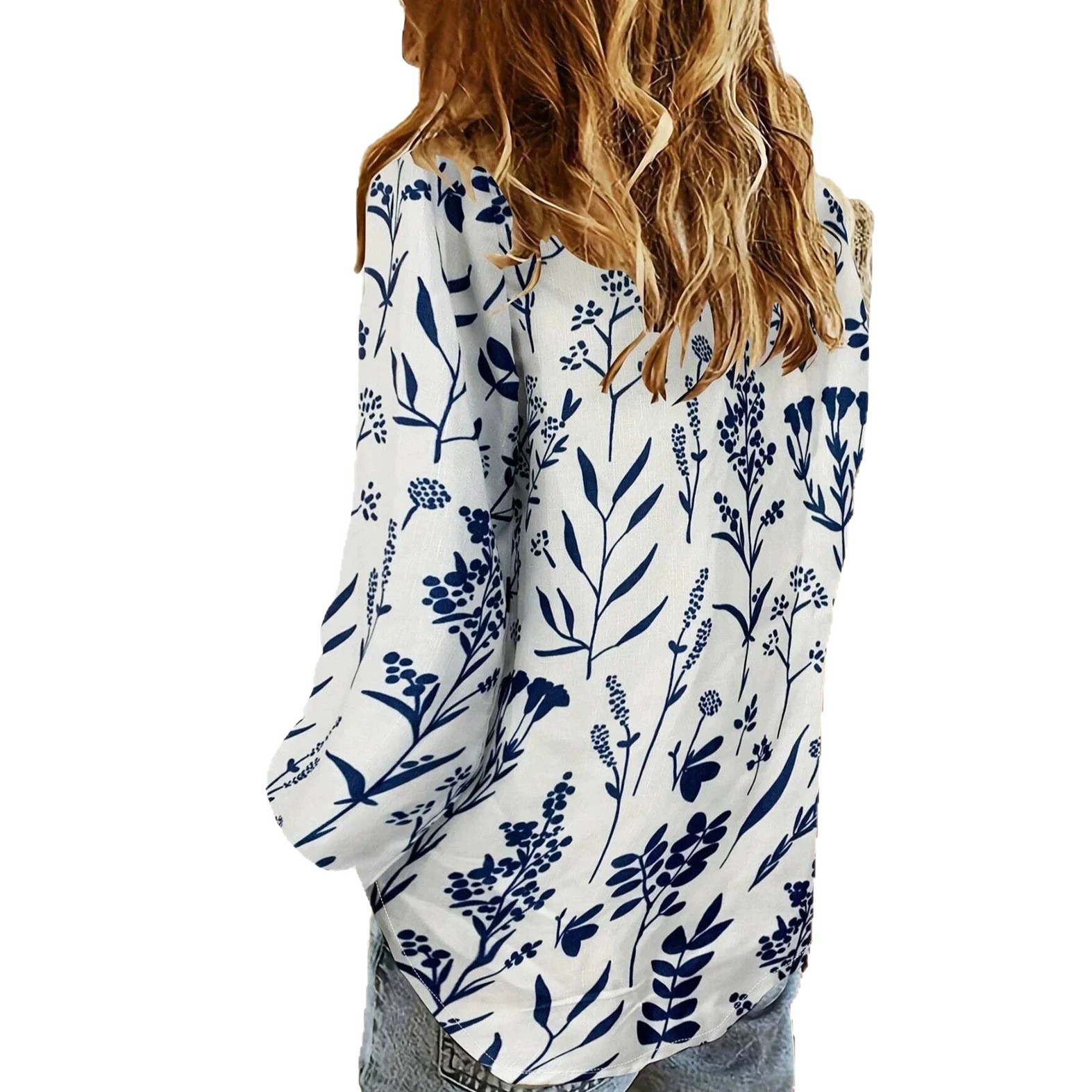 Printed Button-Down Loose V-Neck Long-Sleeve Shirt