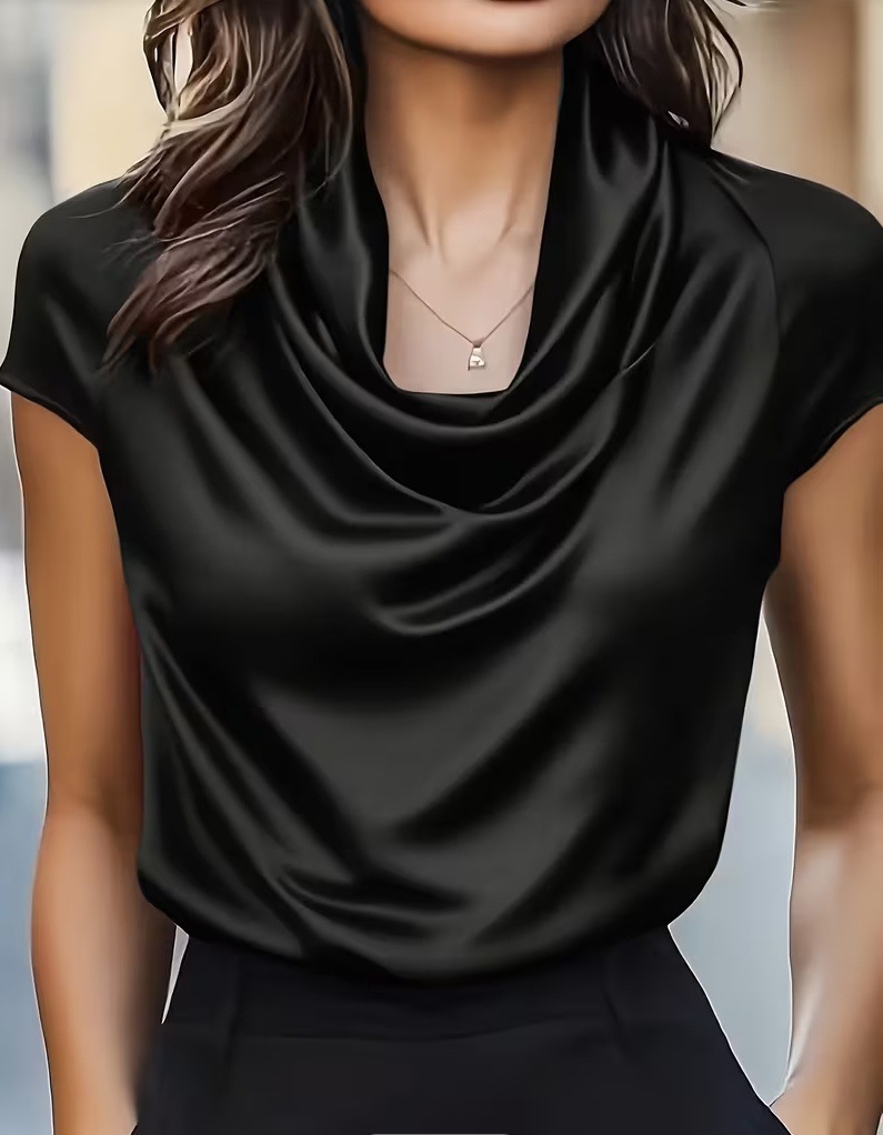 Women's Cowl Neck Short Sleeve Top Draped Casual Blouse