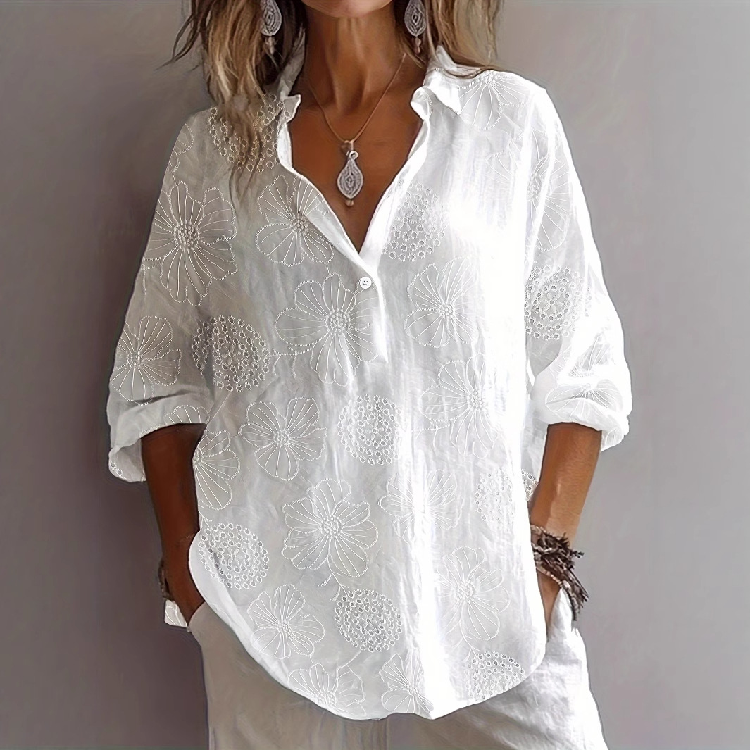 Women's Jacquard Hollow-Out Loose Fit Sheer Button-Up Shirt