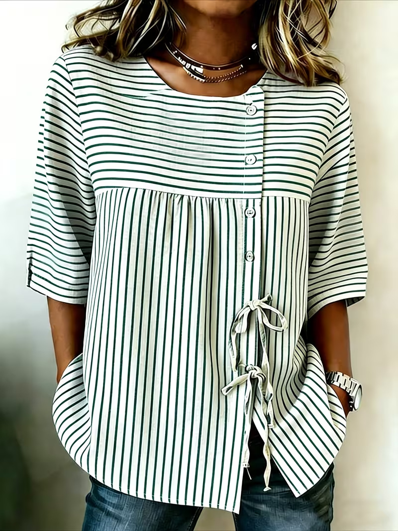 Women's Printed Tie-Neck Midi-Sleeve Blouse