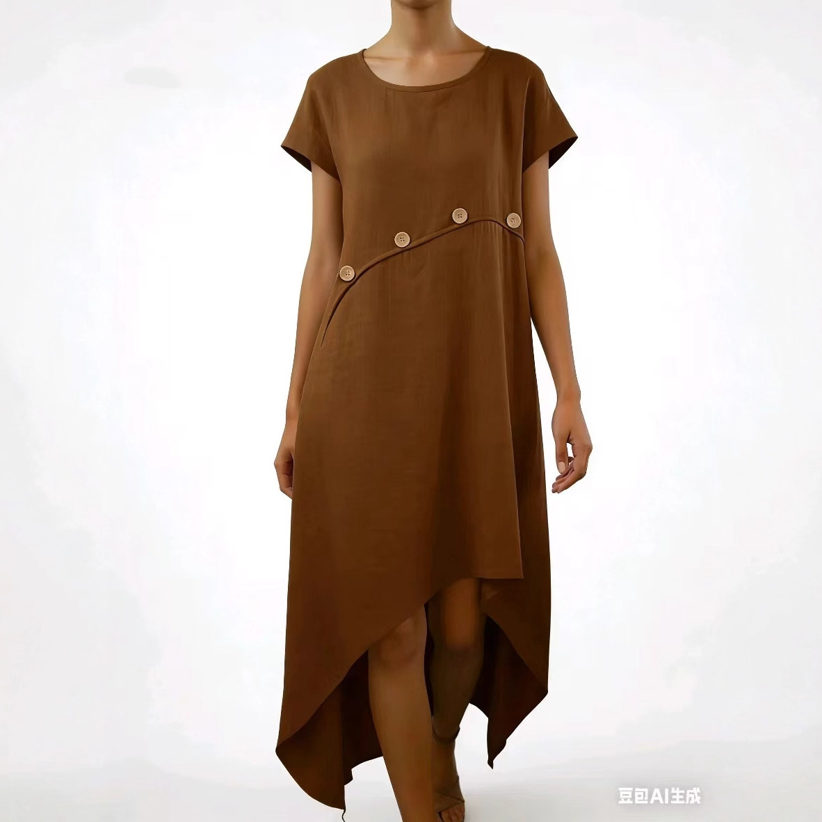 Women's Comfortable Spliced Button-Detail Solid Color Dress