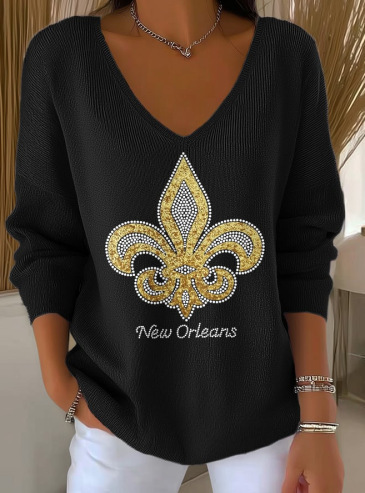 Maple Leaf Print V-Neck Long Sleeve T-Shirt