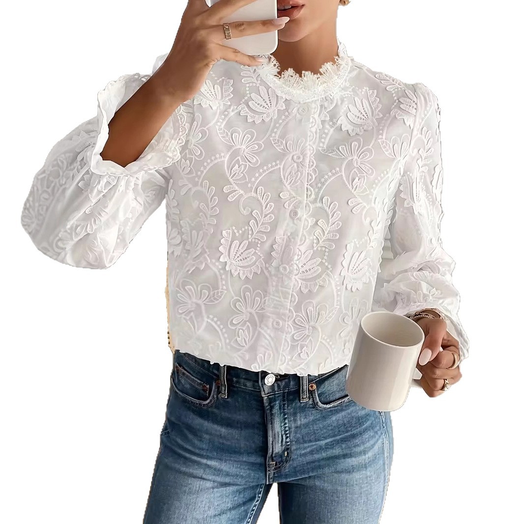 Elegant Embroidered Lace Long-Sleeve Blouse