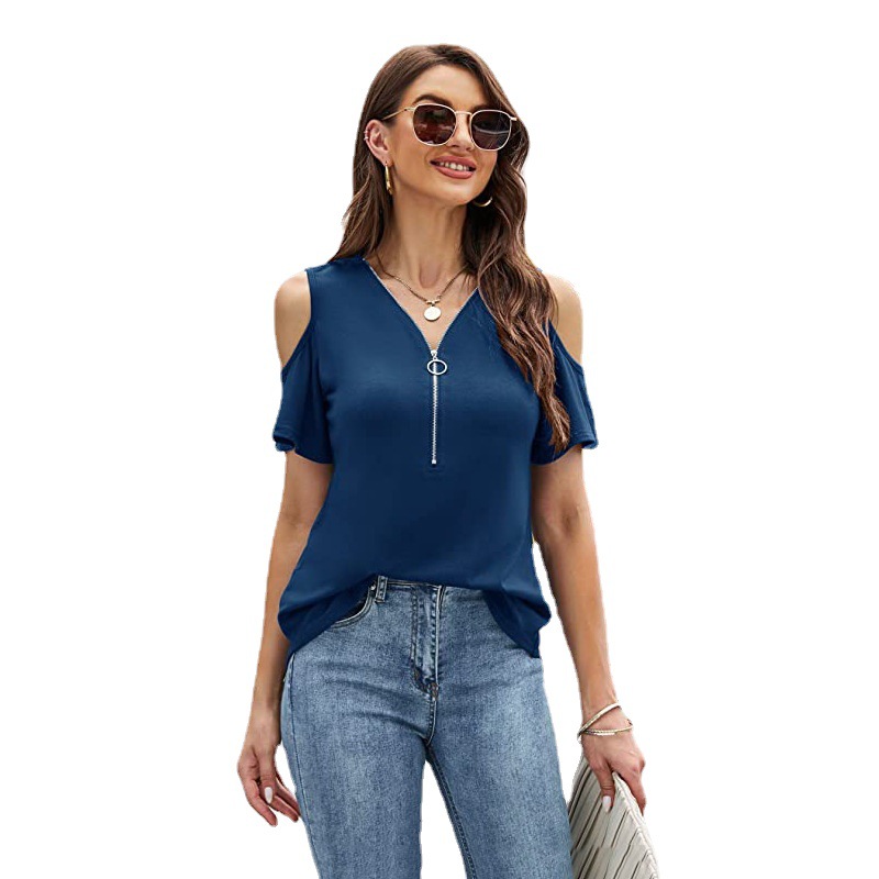 Women's Solid V-Neck Zip Ruched Loose Short-Sleeve T-Shirt