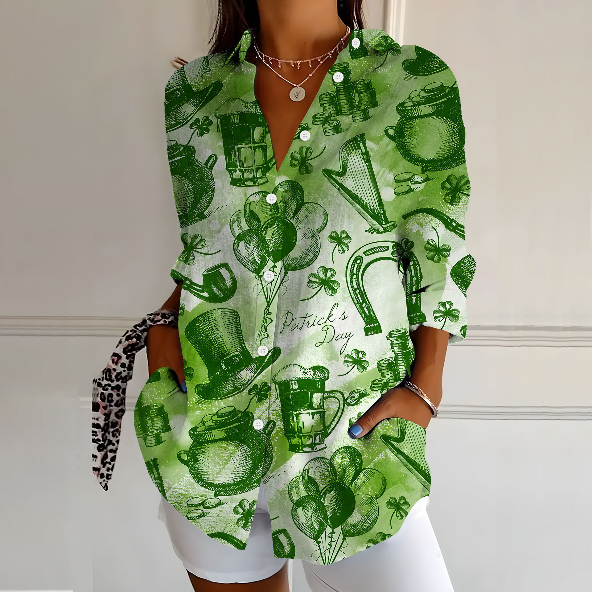 Women's Clover Rainbow Print Long Sleeve Button-Front Shirt