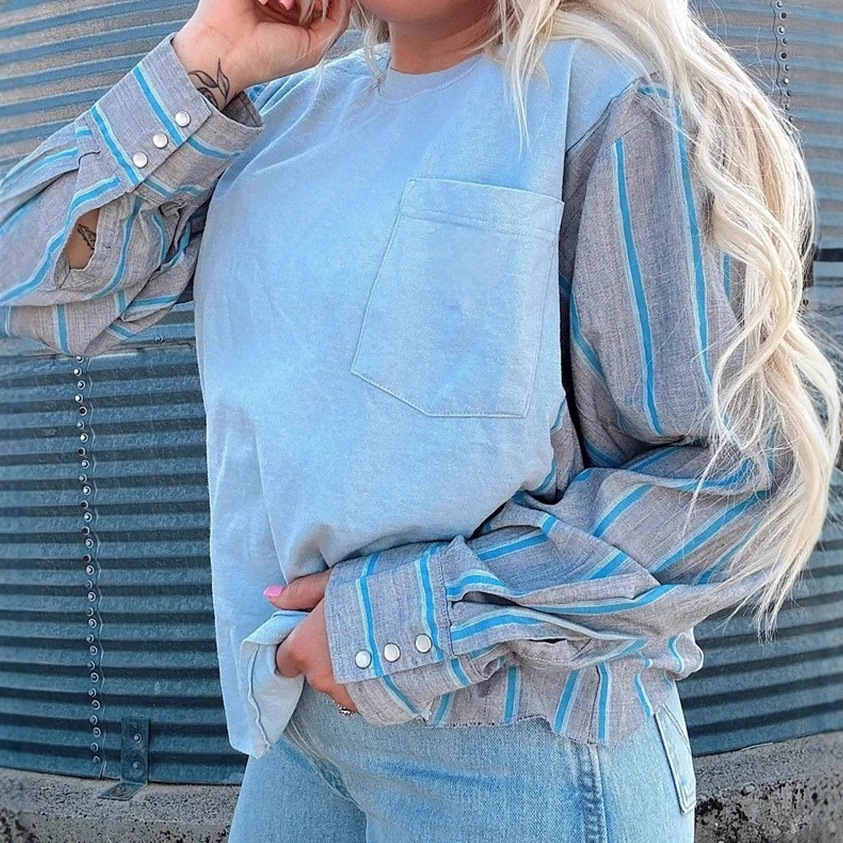 Women's Color-Block Plaid Round Neck Long Sleeve Shirt