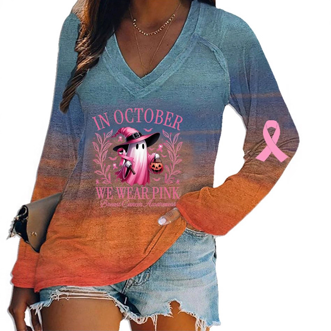 Women's V-Neck Long-Sleeve Halloween Pumpkin Ghost Ribbon Print T-Shirt