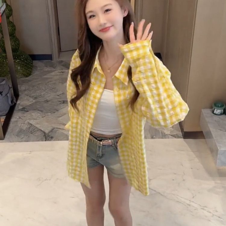 Yellow Plaid Long-Sleeve Shirt Relaxed Fit Retro Chic Top