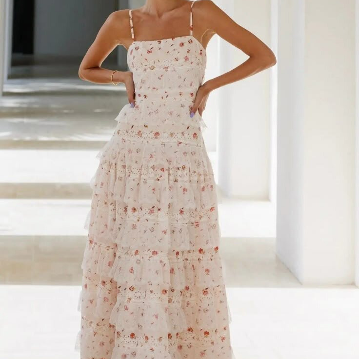 Lace-Trim Floral Print Tiered Cami Maxi Dress