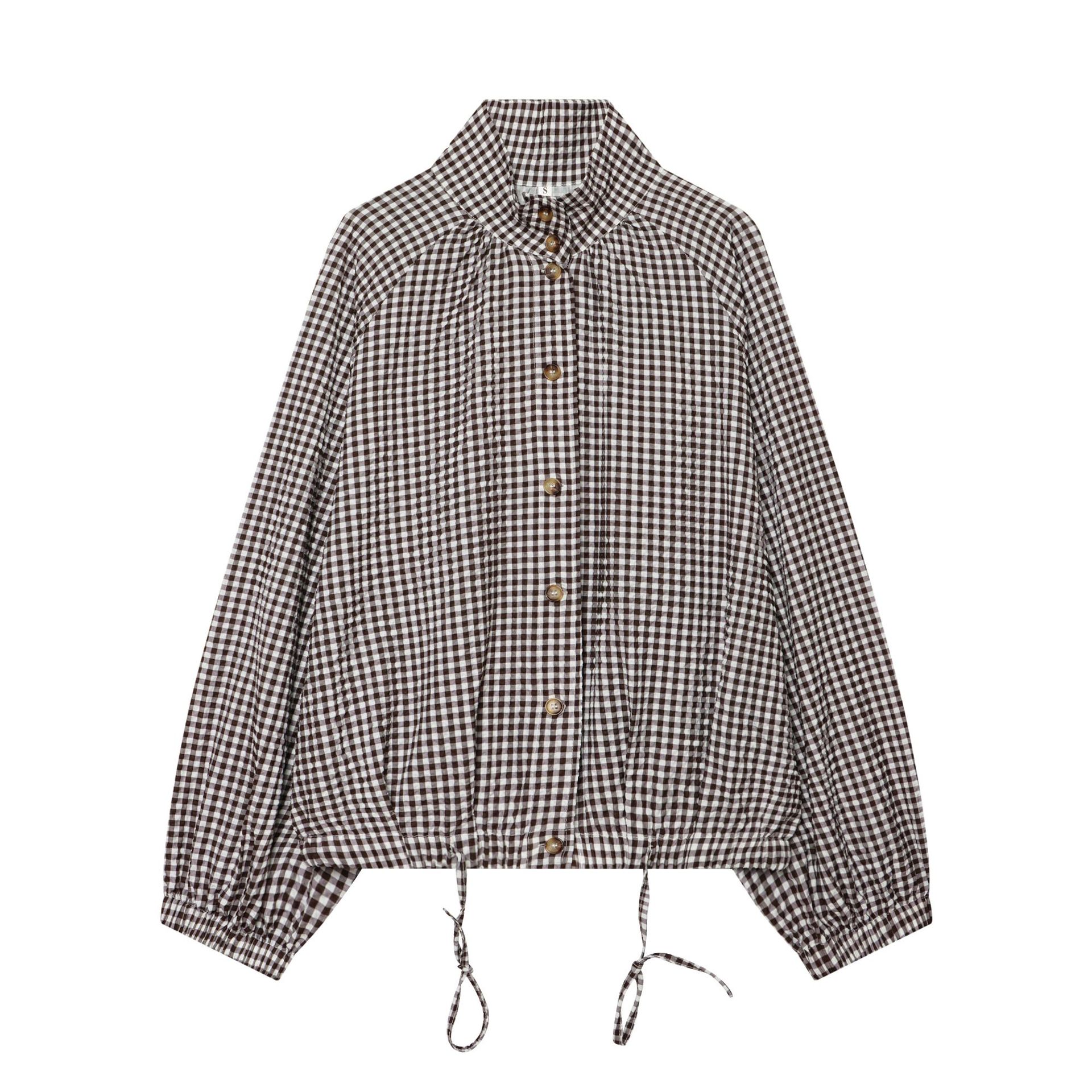 Women's Loose Plaid Drawstring Long Sleeve Stand Collar Jacket