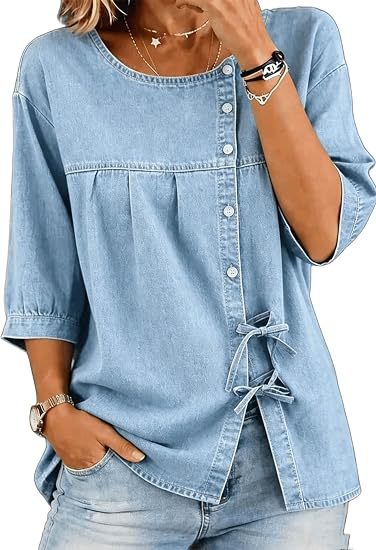 Women's Vintage Asymmetric Button Print Half-Sleeve Blouse