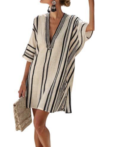 Women's Striped Floral Print Midi Dress Deep V-Neck Sleeveless Slim Fit