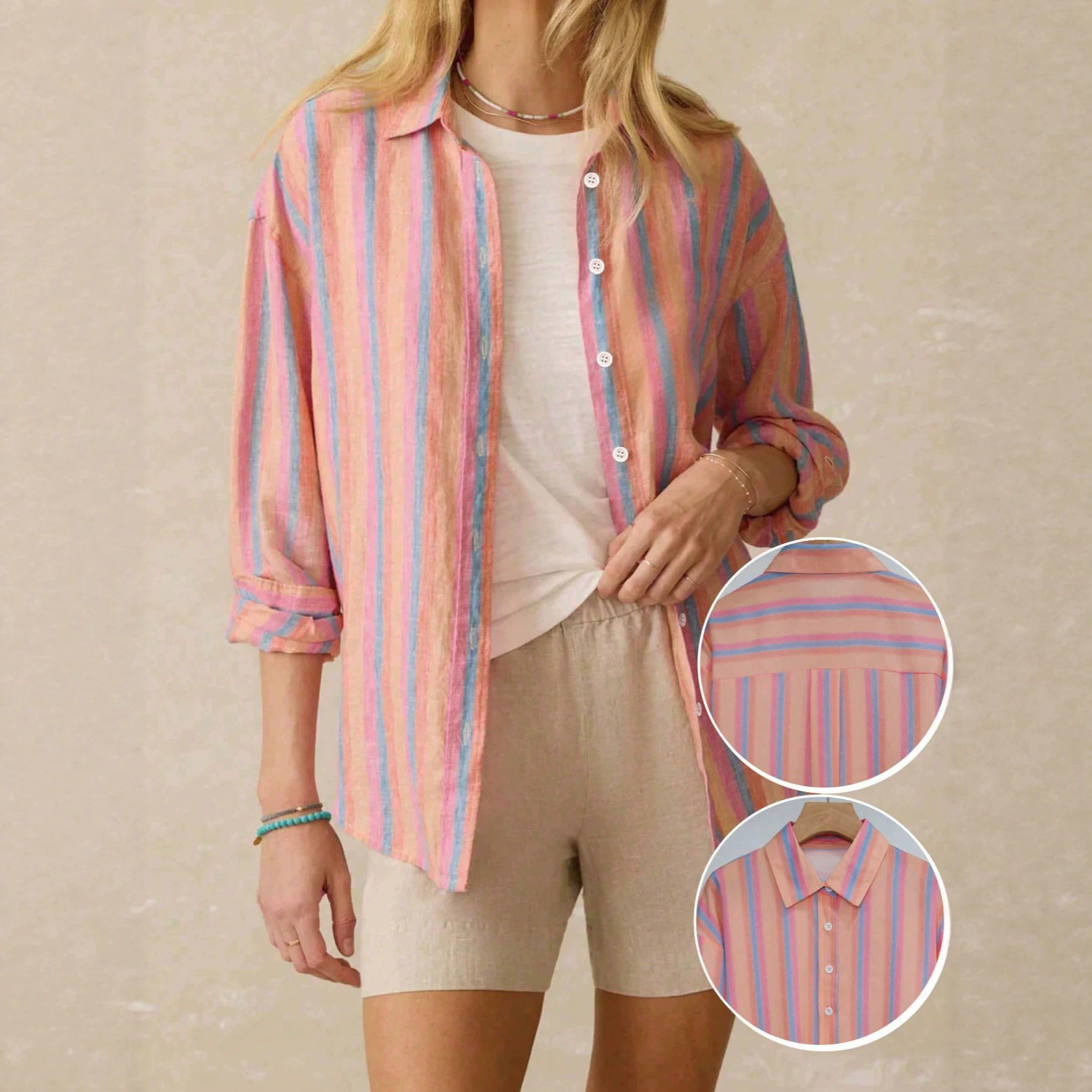 Women's French Striped Button-Front Shirt Loose Fit