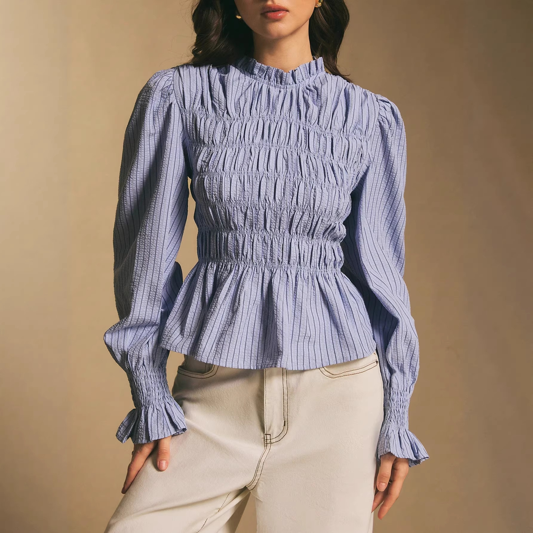 French Ruffle Striped Top with Puff Sleeves