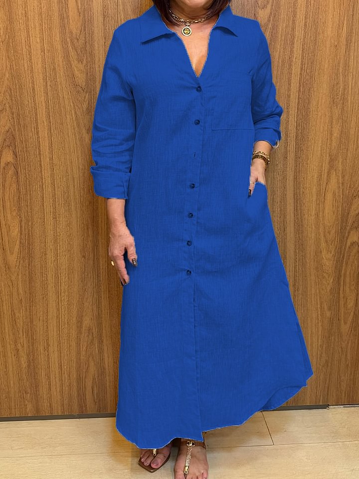 Women's Solid Loose Long Sleeve Shirt Dress Linen Blend