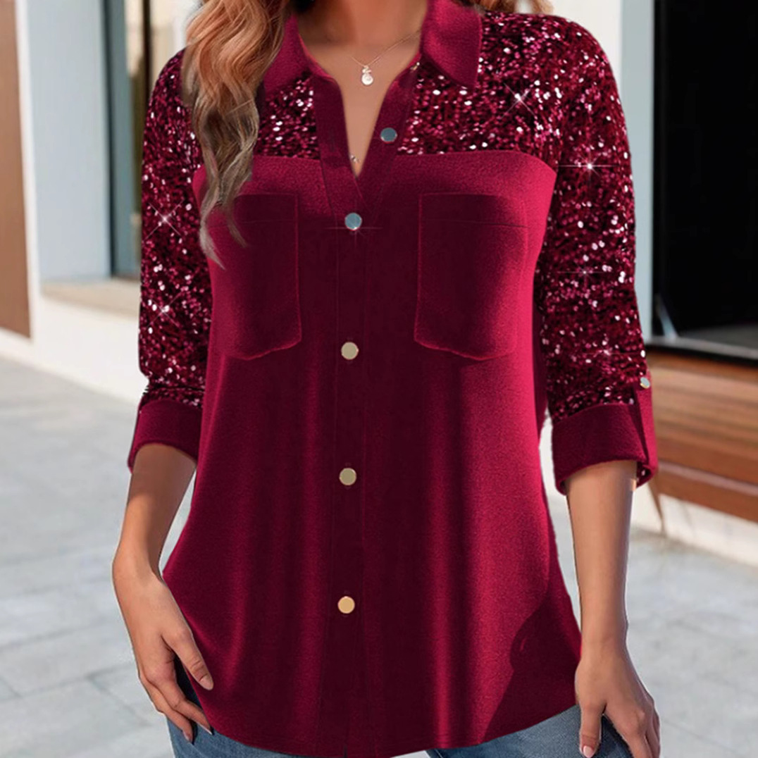Women's Sequin Velvet Panel Button-Up Collared Shirt Top