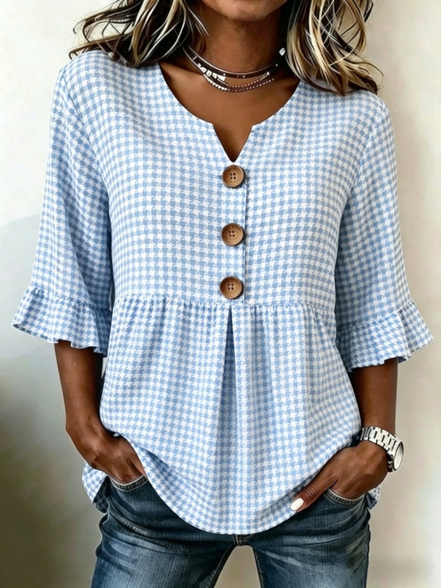 Summer Plaid Floral Print Half-Sleeve Button-Up Top