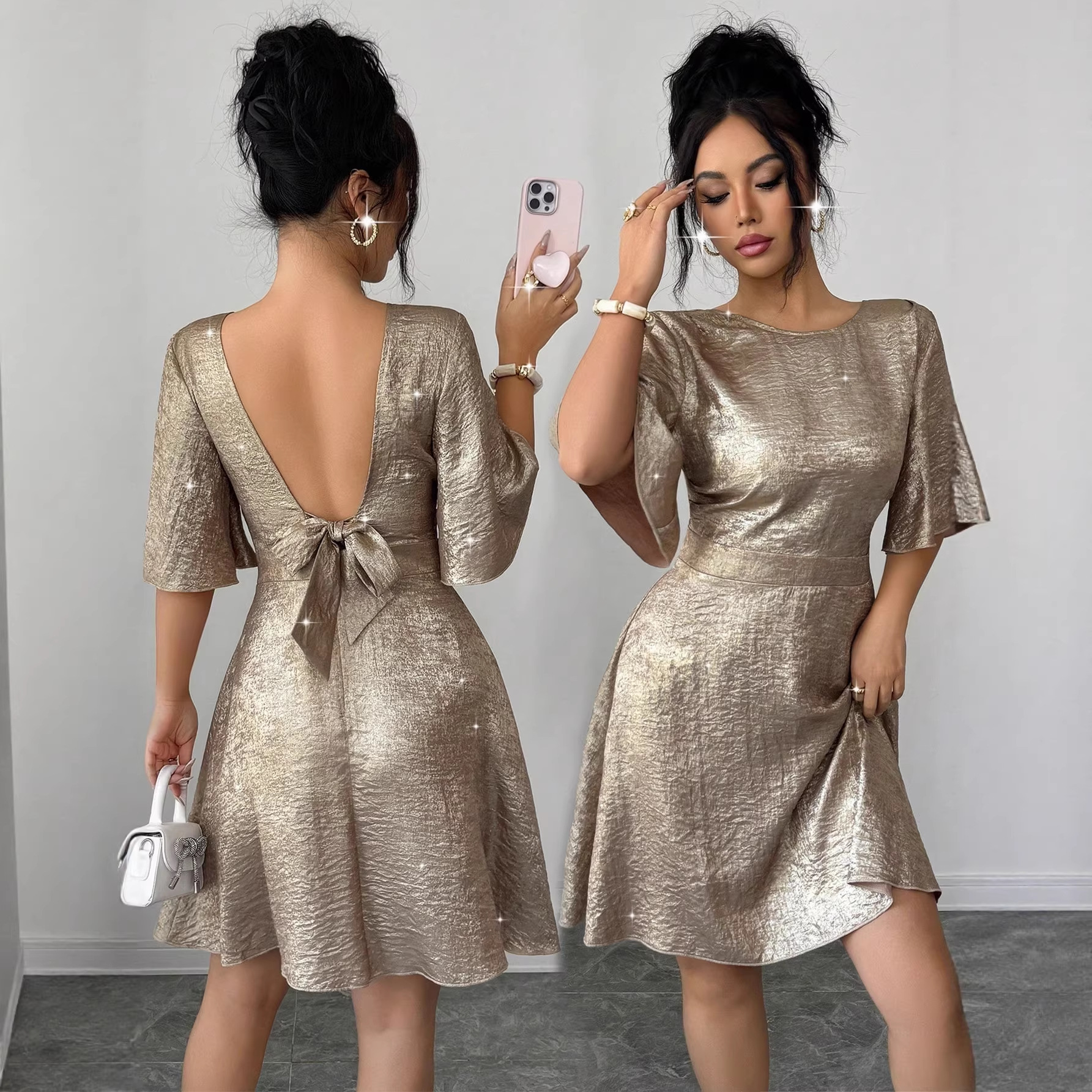 Women's Flare-Sleeve Open-Back Tie-Waist A-Line Mini Dress