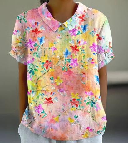 Women's Animal & Floral Print Short Sleeve Button-Front Shirt