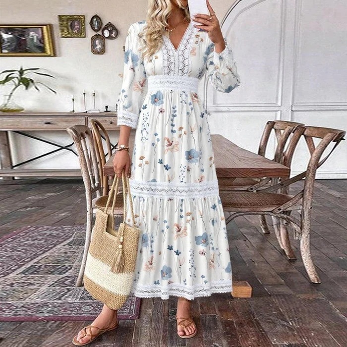 Women's Long Sleeve Digital Print Long Dress V-Neck High Waist