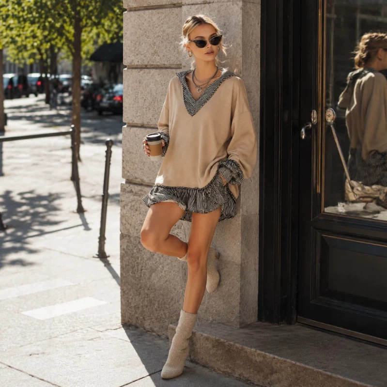 Striped Trim Khaki Hooded Mini Dress