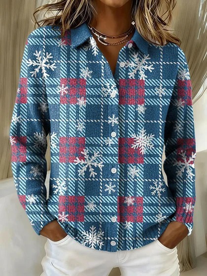 Women's Christmas Snowman Plaid Print Long Sleeve Shirt