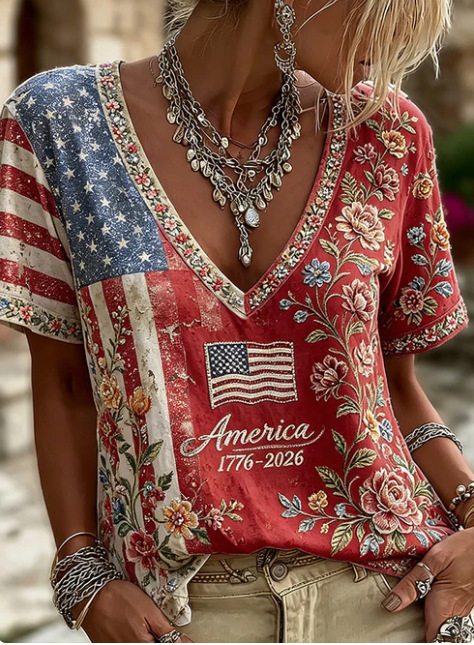 Floral Print V-Neck Short Sleeve Women's T-Shirt