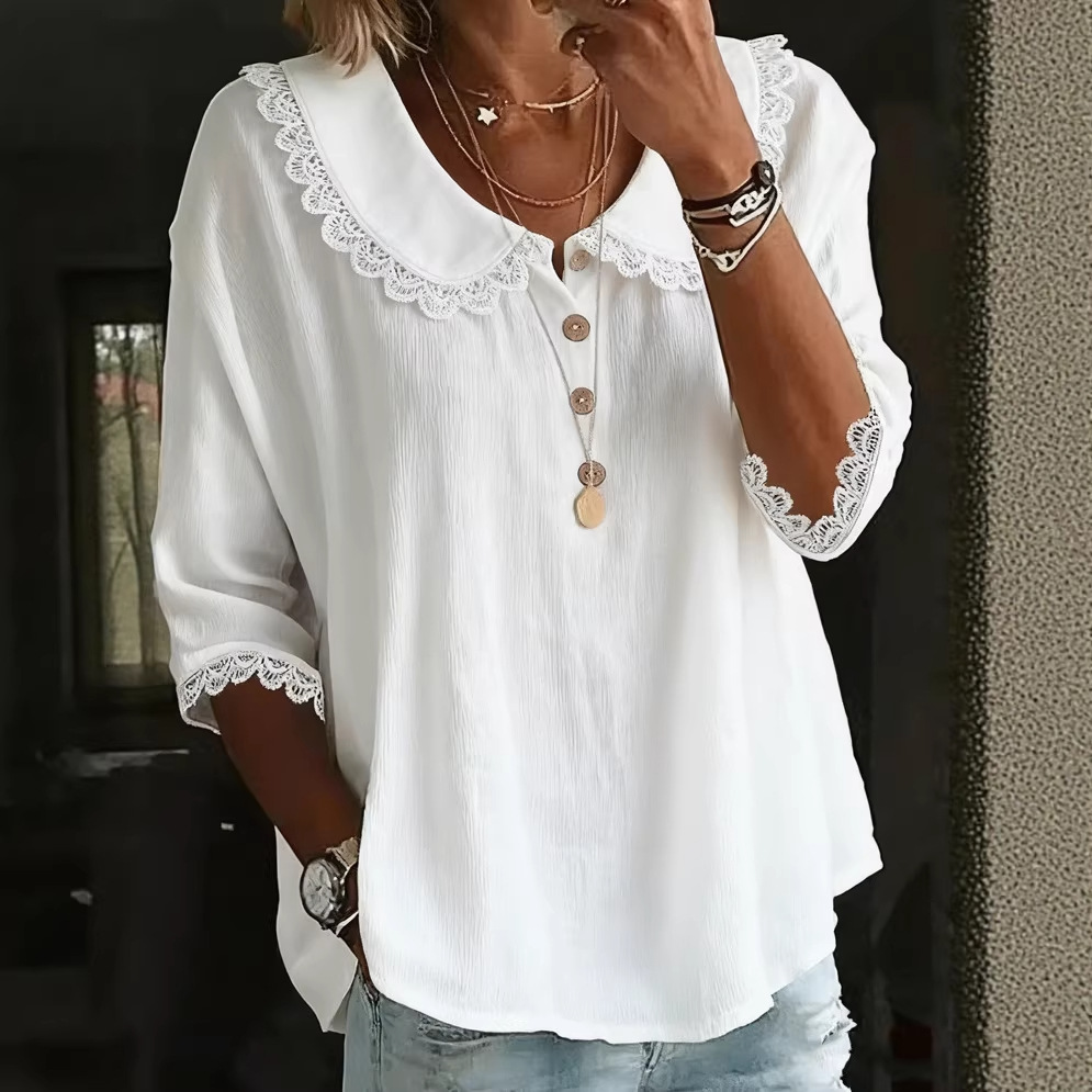 Women's Casual Loose Lace Trim Solid Color Doll Collar T-Shirt