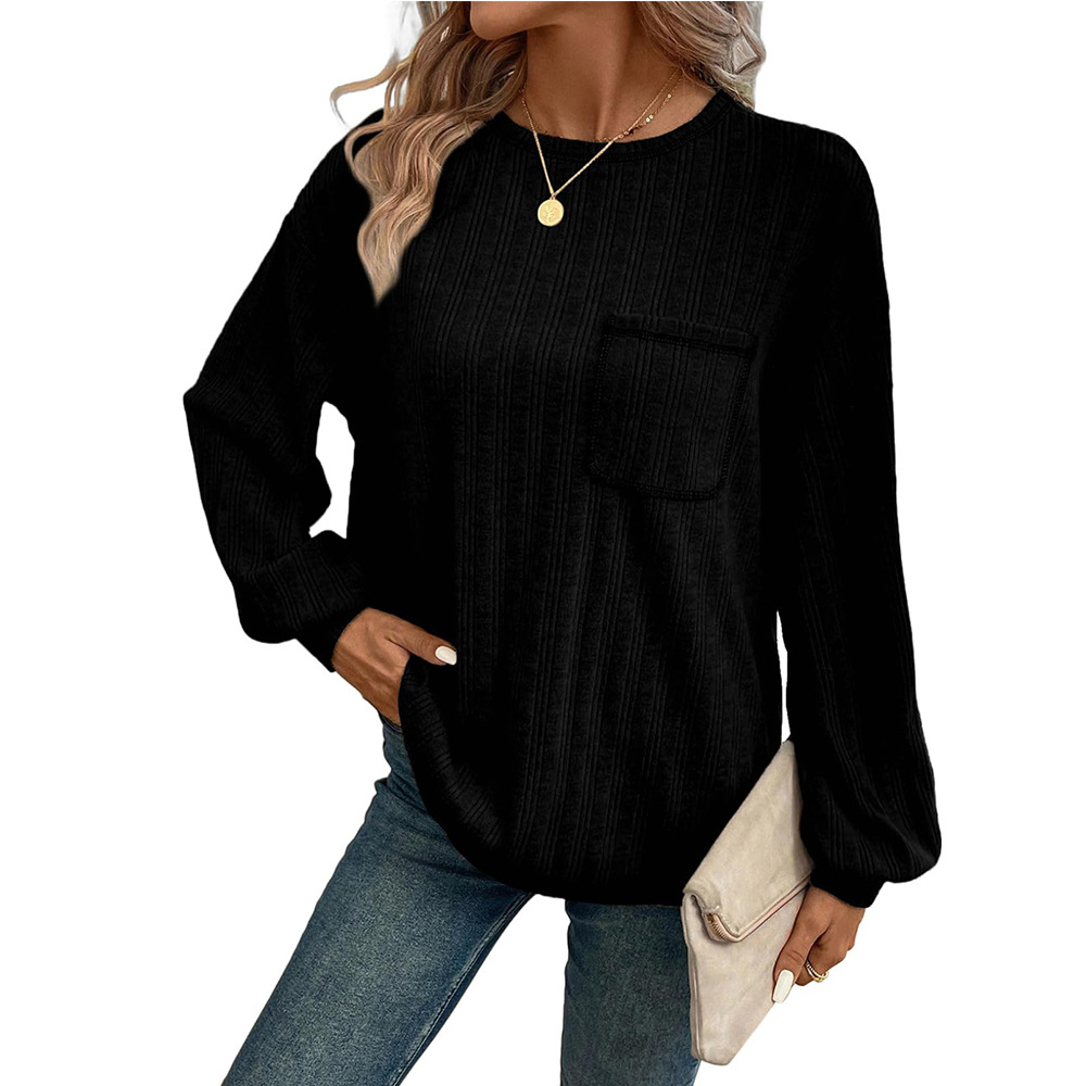 Women's Ribbed Brushed Solid Crewneck Pocket Loose T-Shirt