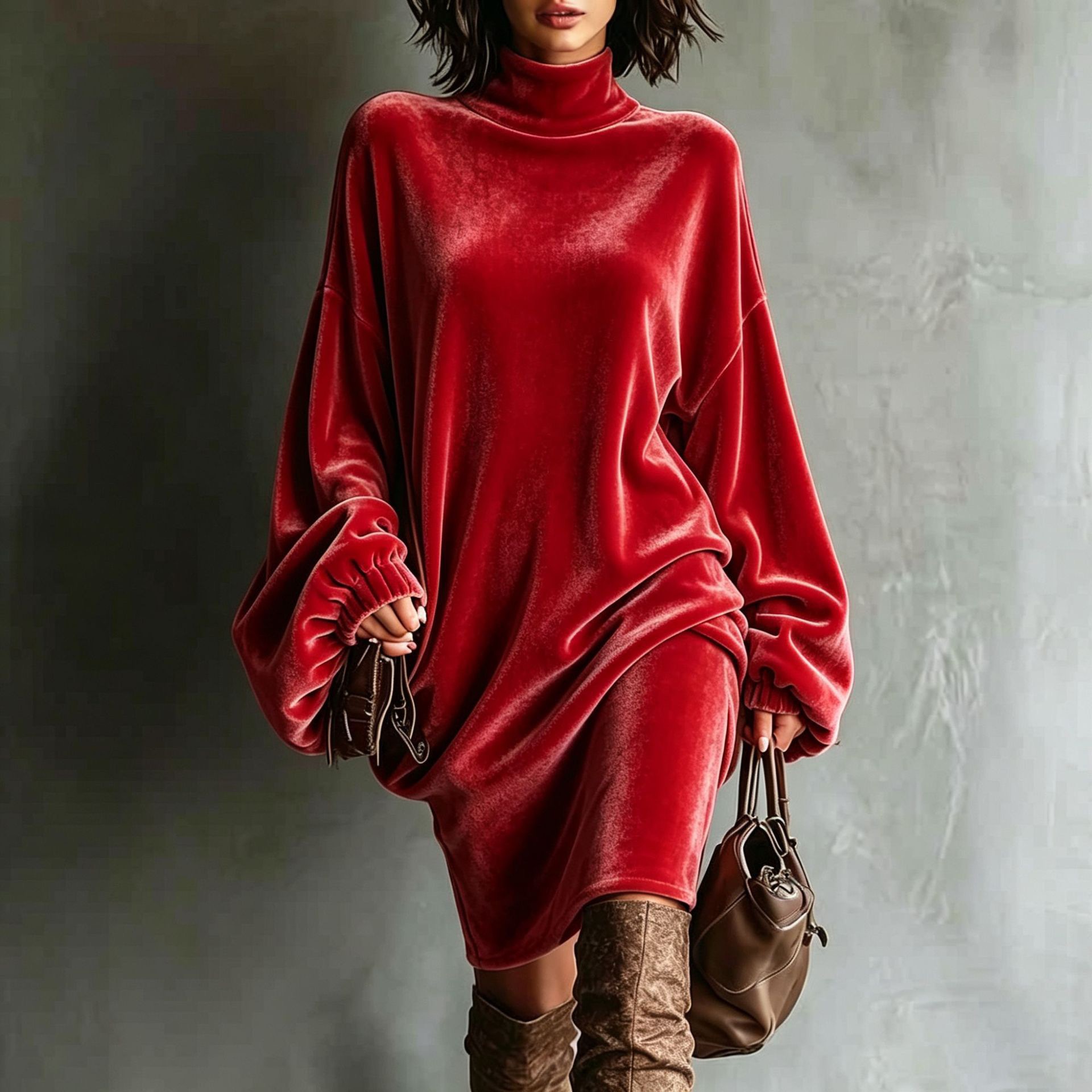 Velvet High Neck Loose Midi Dress Long Sleeve A-Line