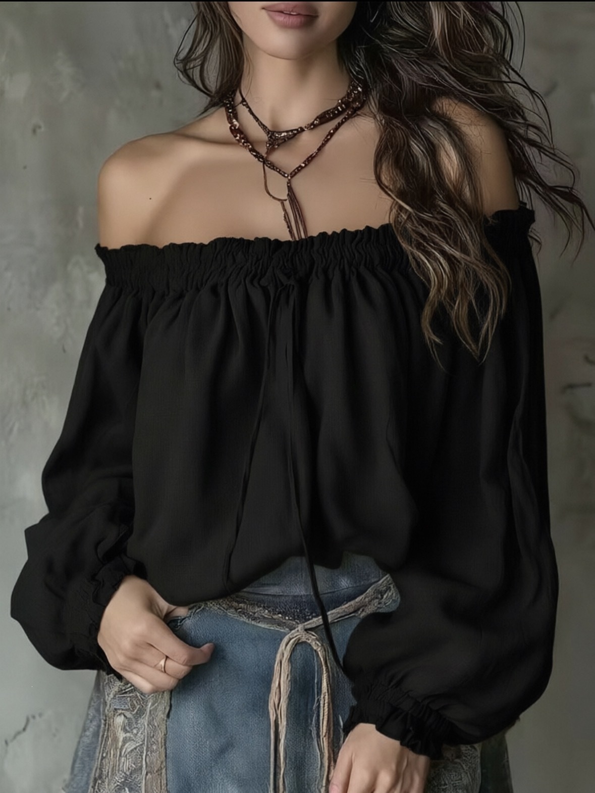 Off-Shoulder Chiffon Blouse with Puff Sleeves and Drawstring