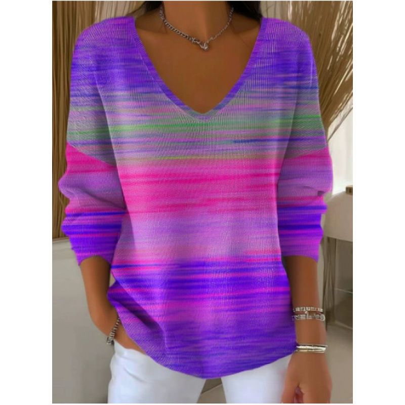 Women's Drop Shoulder V-Neck Long Sleeve 3D Digital Print Pullover Top