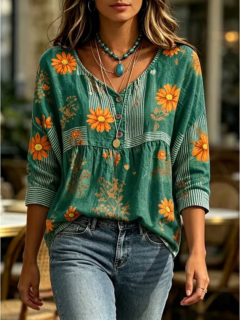 Women's Floral Print Half-Sleeve Button-Up Shirt