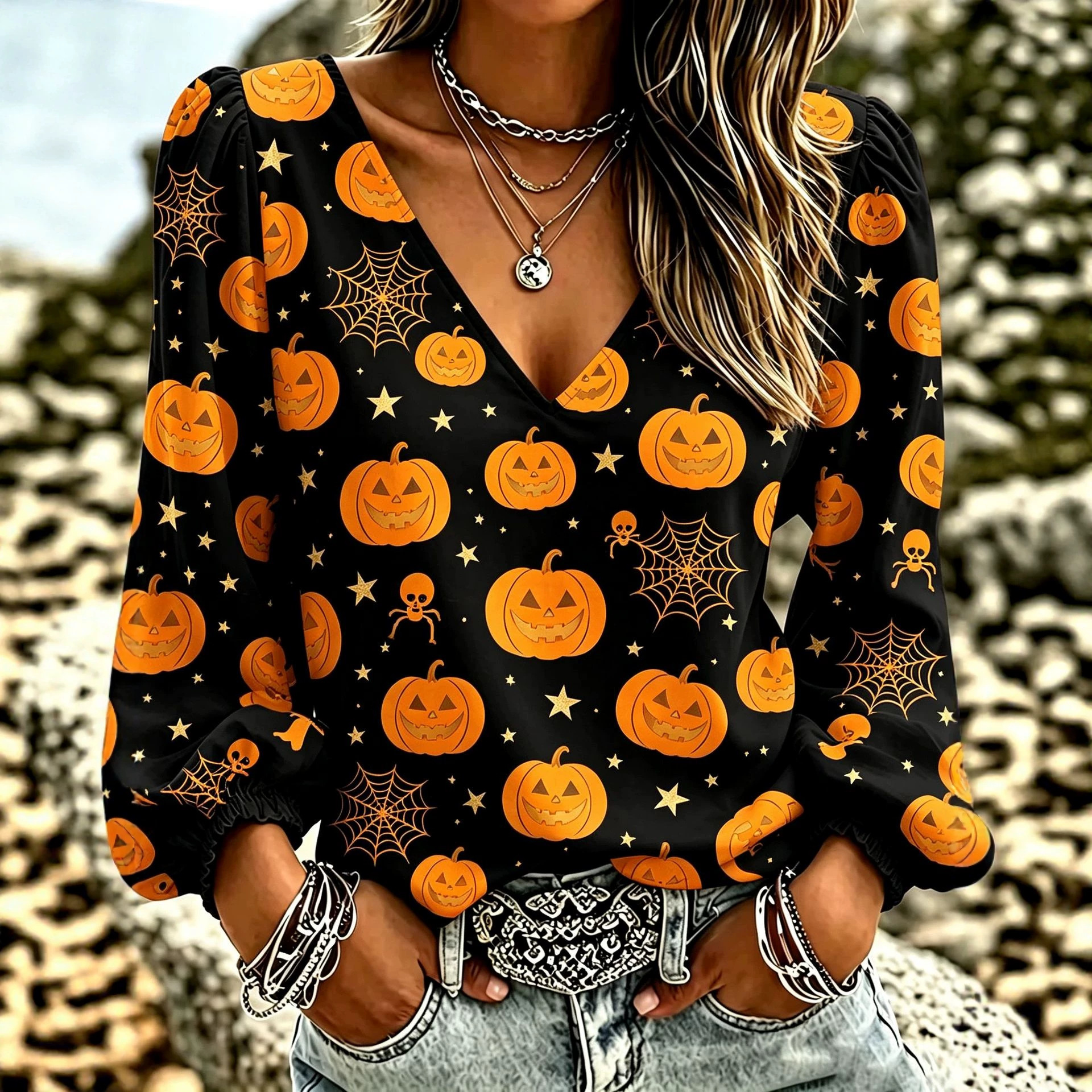 Halloween Pumpkin Ghost Print V-Neck Long Sleeve Women's T-Shirt