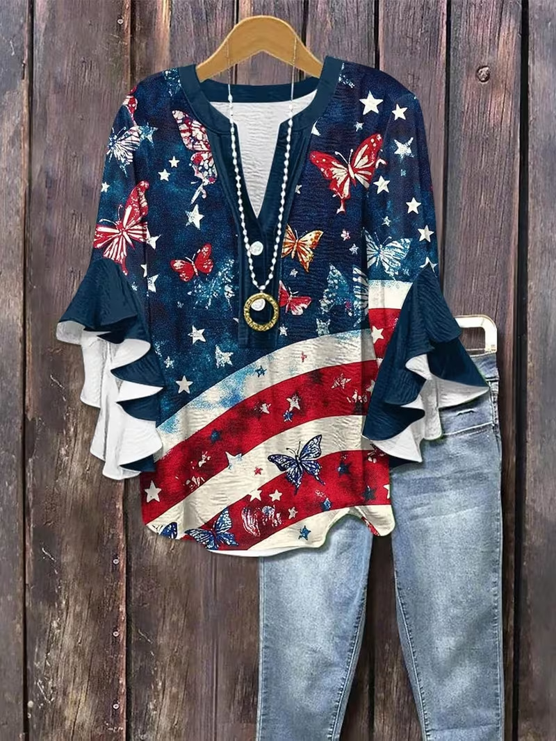 American Flag Print Rolled Sleeve Button Women's Top