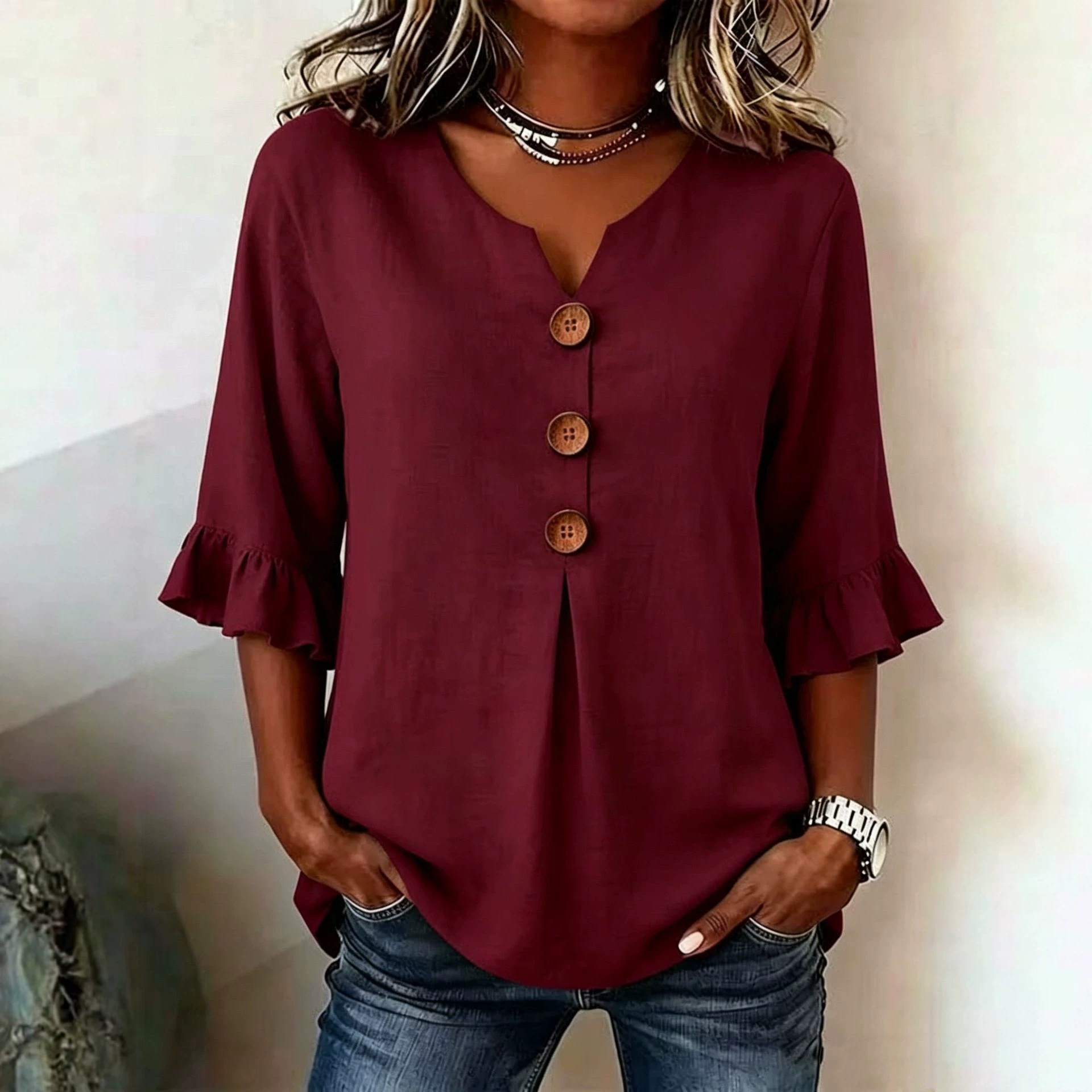Women's V-Neck Button Ruffle Half-Sleeve Loose Solid Blouse