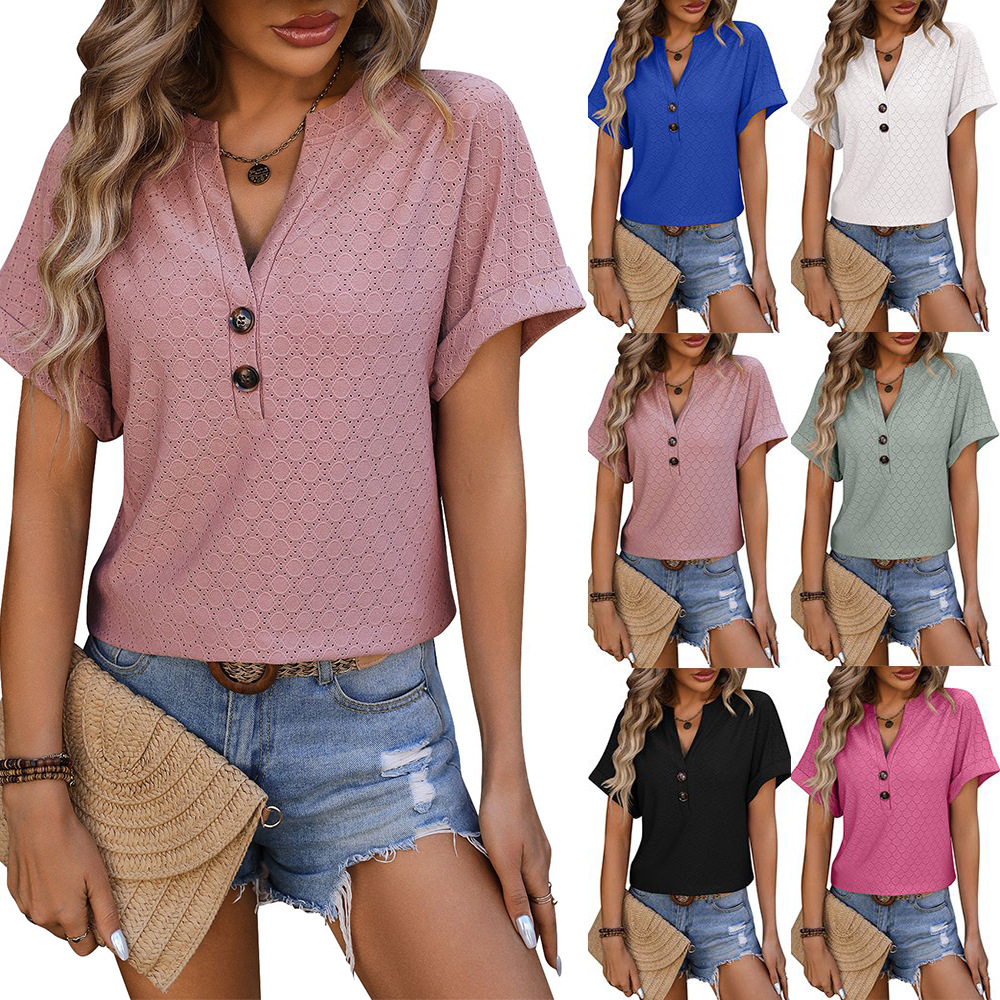 V-Neck Button Short Sleeve Loose Fit T-Shirt
