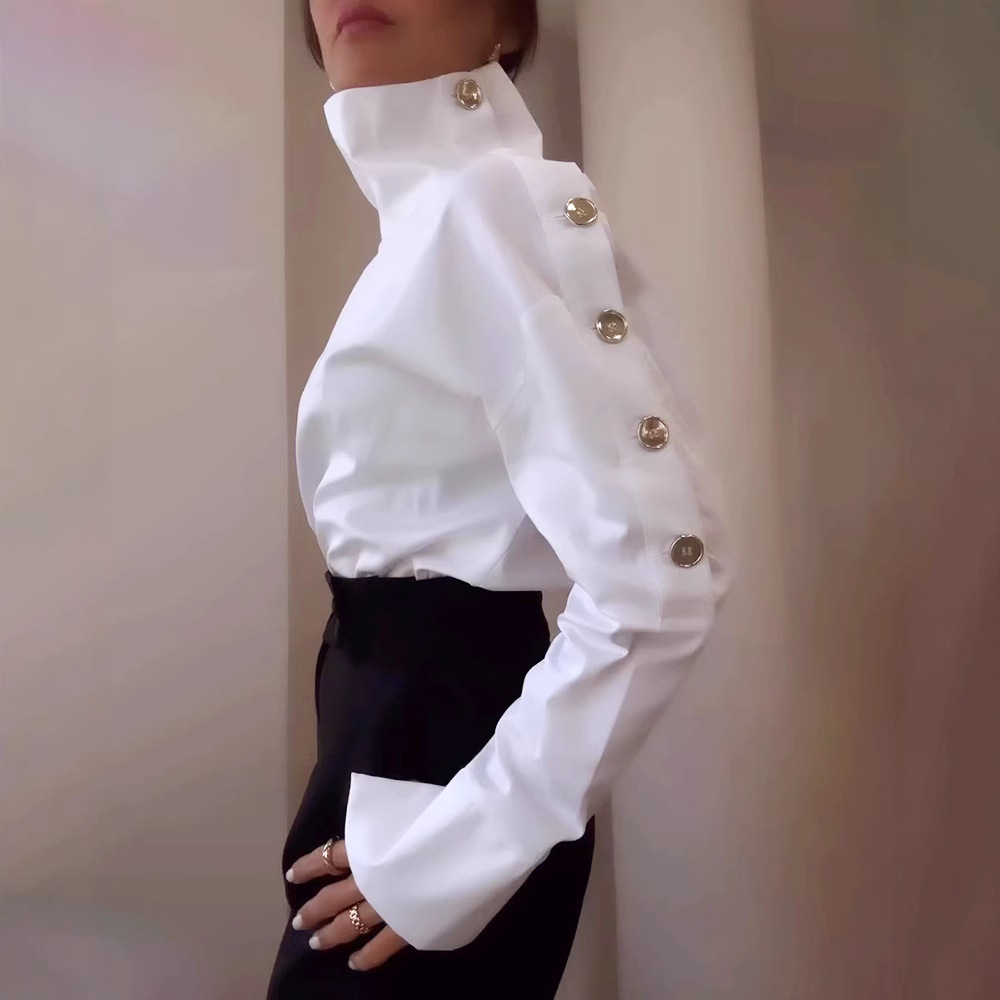 Elegant High-Neck Metal Button Off-Shoulder Blouse Top for Women