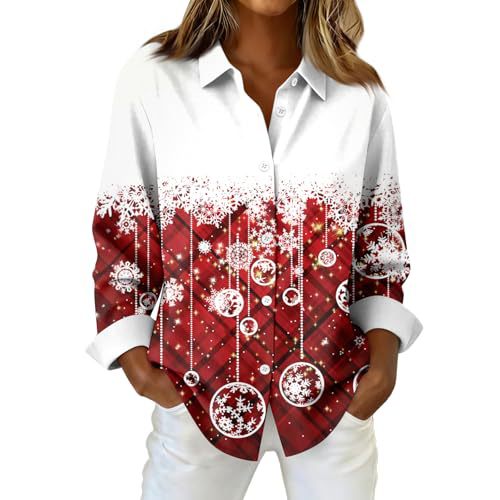 Women's Christmas Plaid Snowflake Polka Dot Print Long Sleeve Shirt