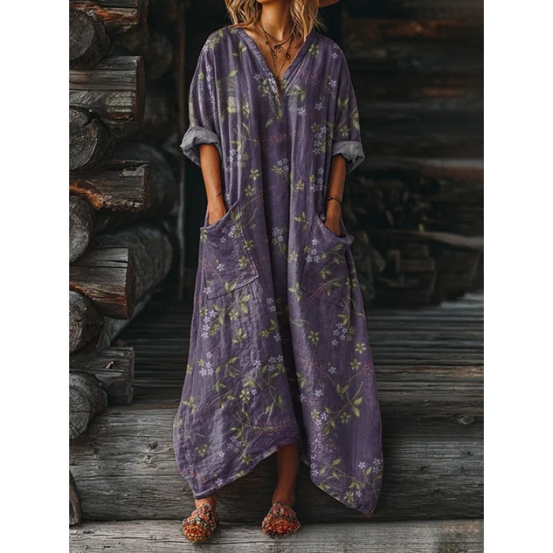 Women's Floral Ripple Print V-Neck A-Line Midi Dress Long Sleeve