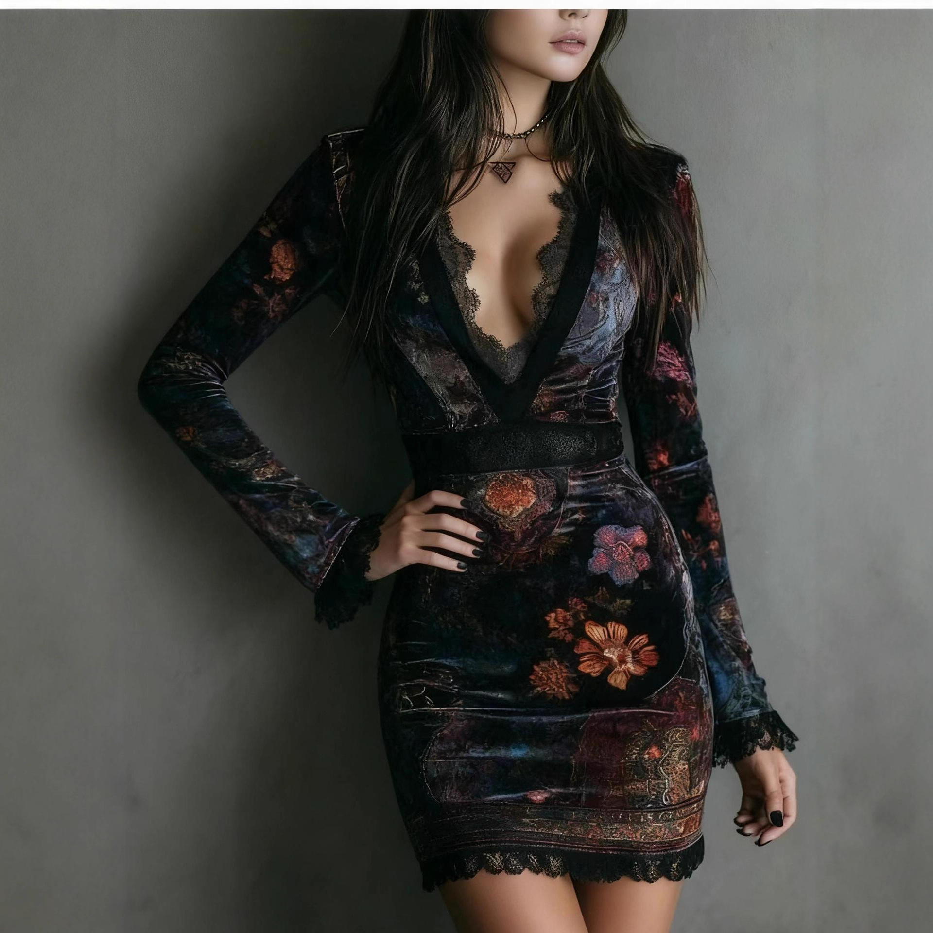 V-Neck Lace Trim Floral Print Long Sleeve Bodycon Mini Dress