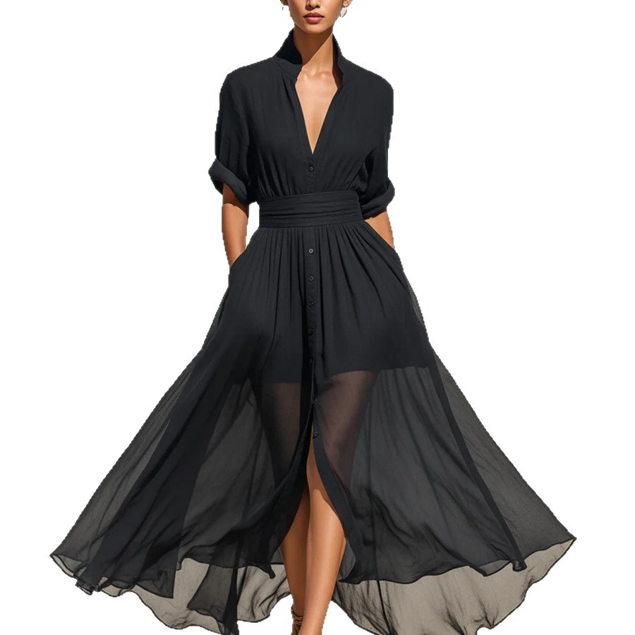 V-Neck Chiffon Panel Long Dress