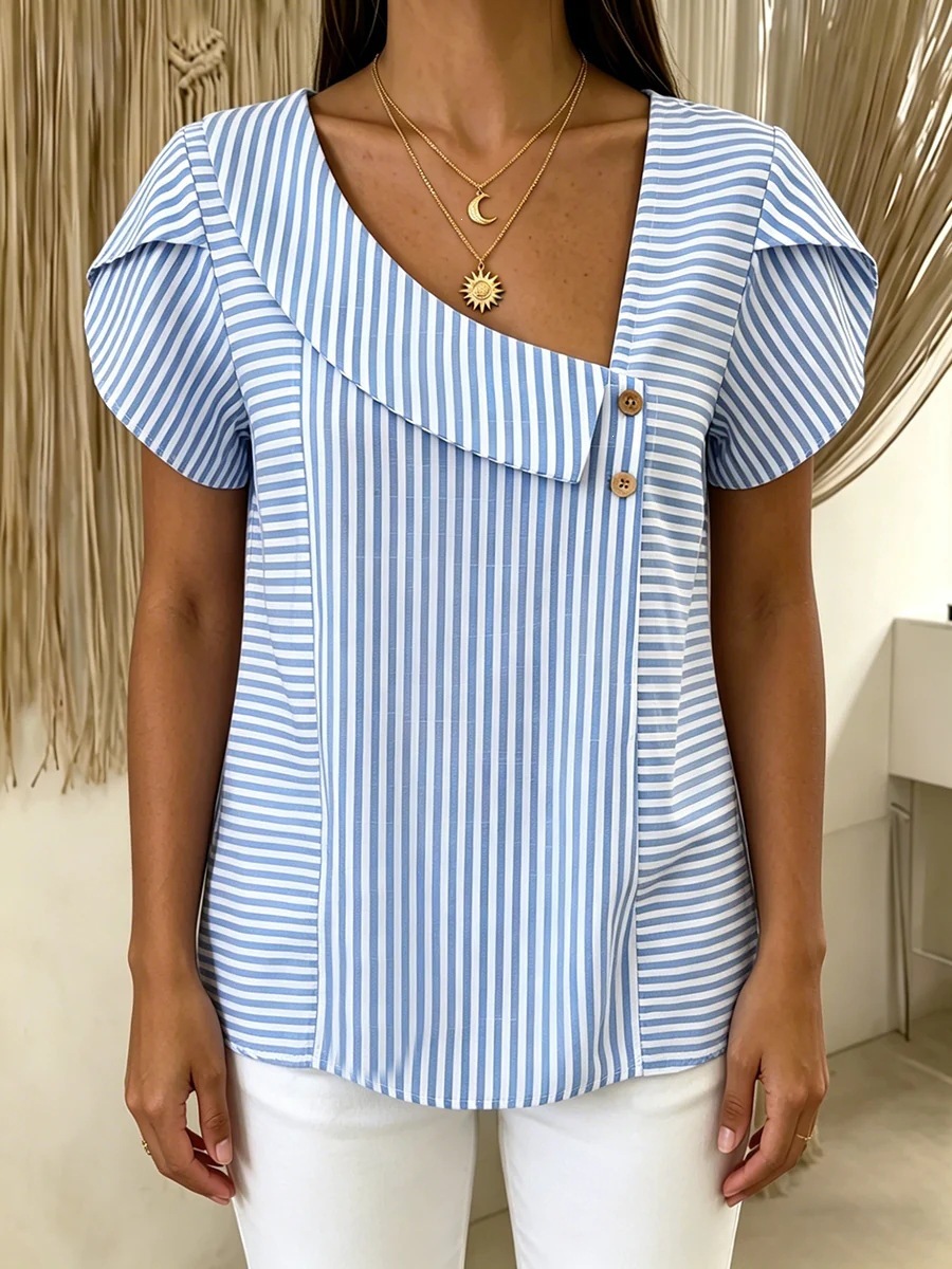 Women's Short Sleeve Asymmetric Neck Button Top
