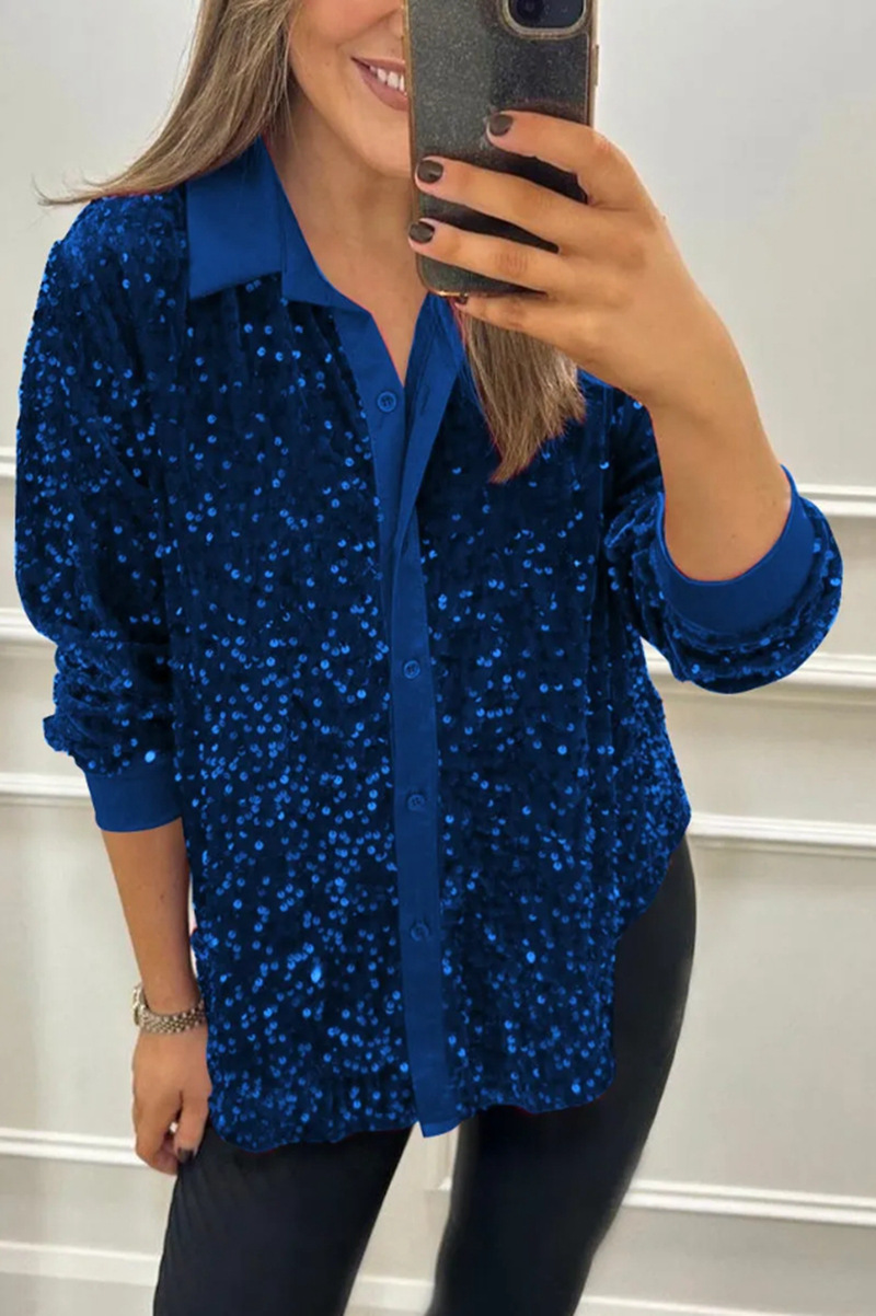 Women's Sequin Button-Down Collared Long-Sleeve Shirt