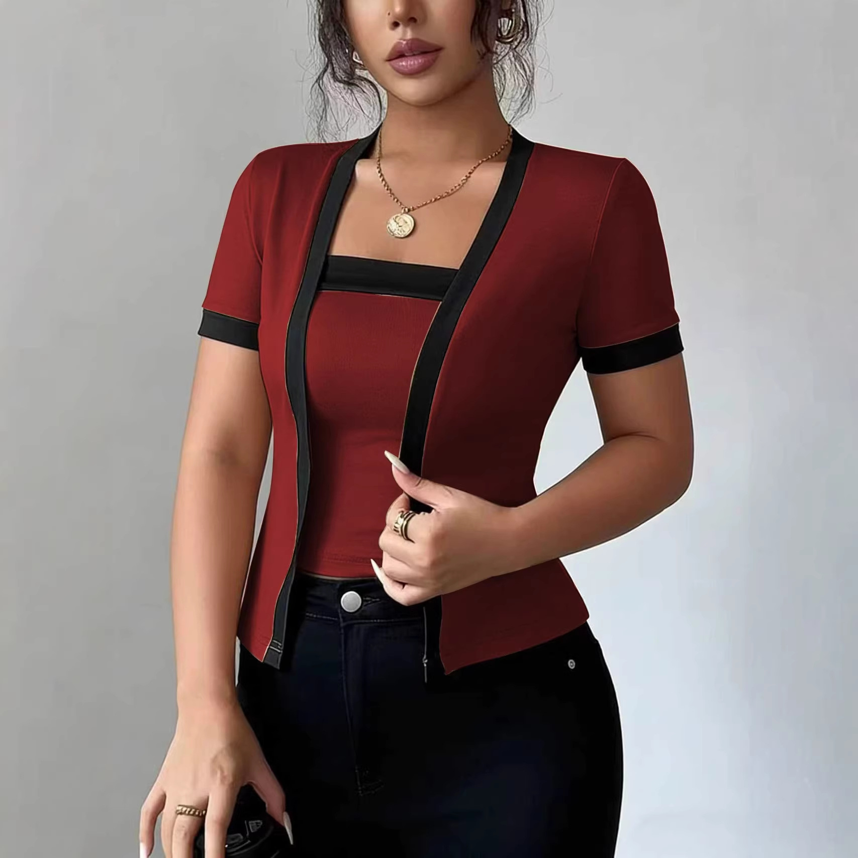 Women's Sexy Open-Front Cardigan Short-Sleeve Faux Two-Piece T-Shirt