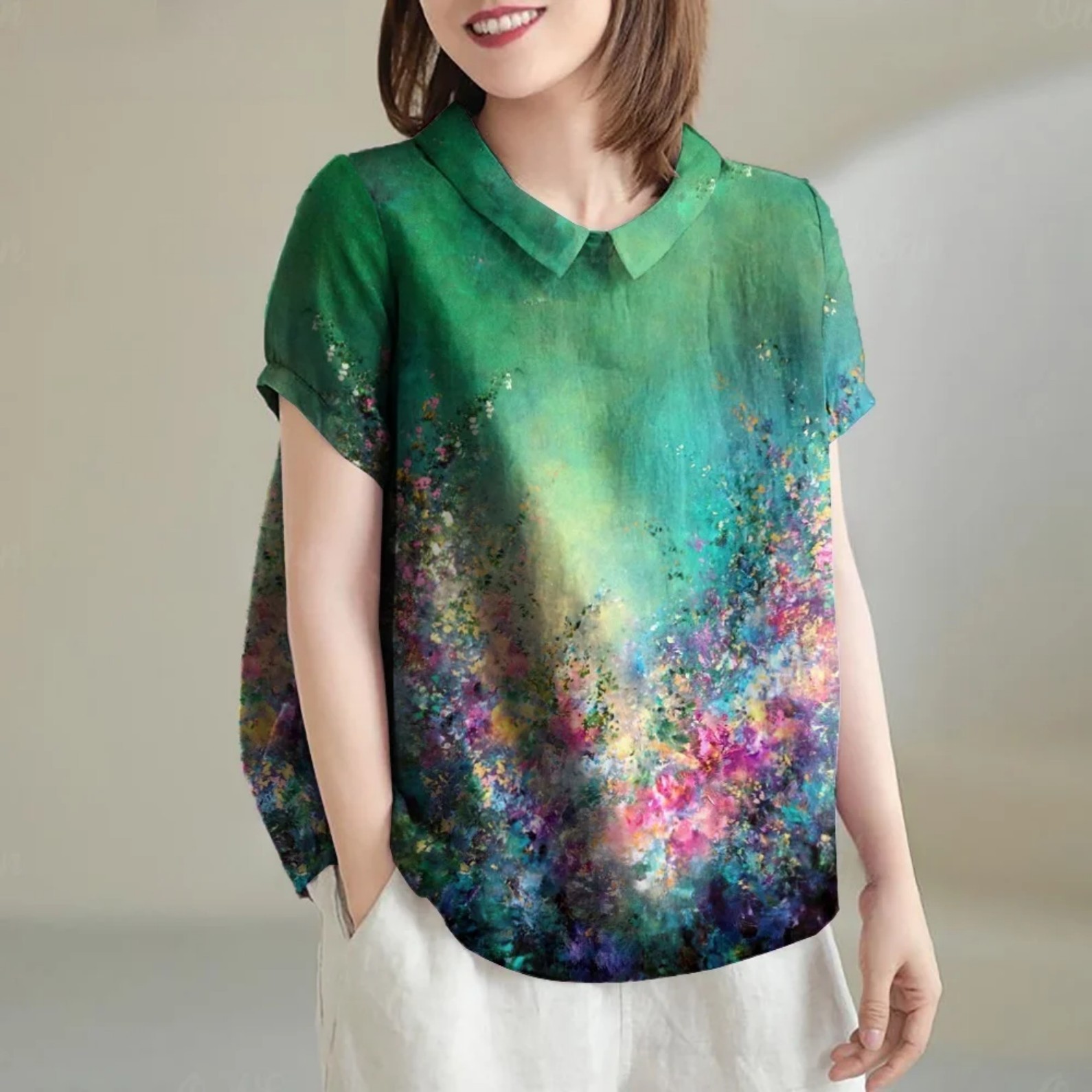 Women's Colorful Floral Print Short Sleeve Button-Down Shirt