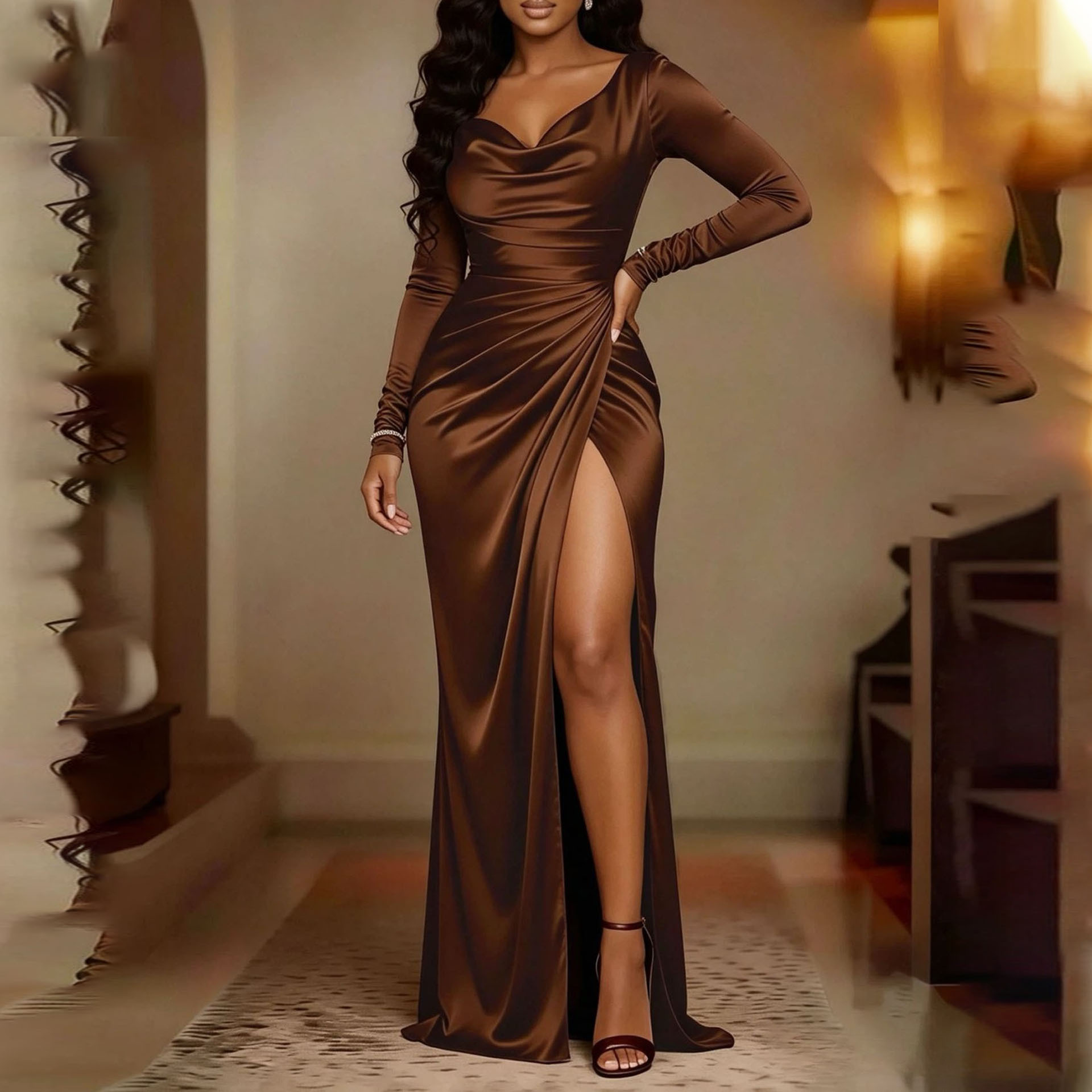 Women's Slim Fit Elegant Solid Color French Split Dress