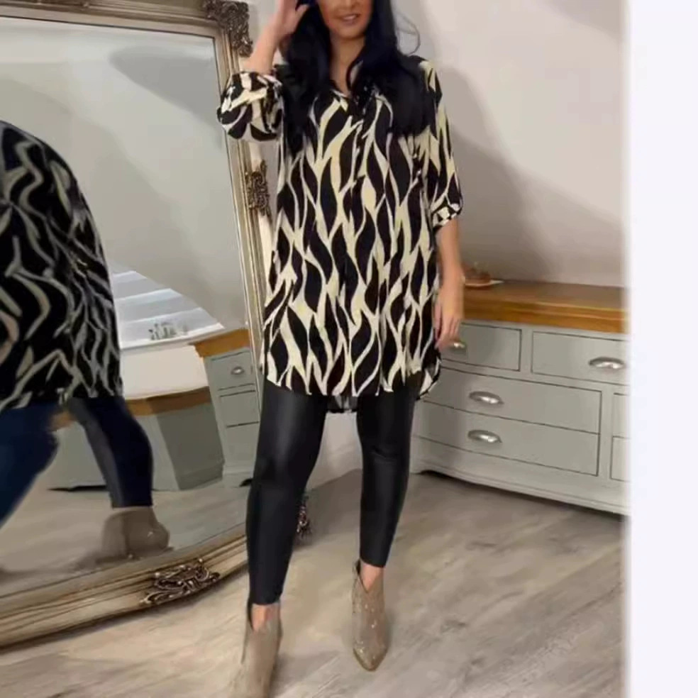 Printed Long Sleeve V-Neck Loose Blouse